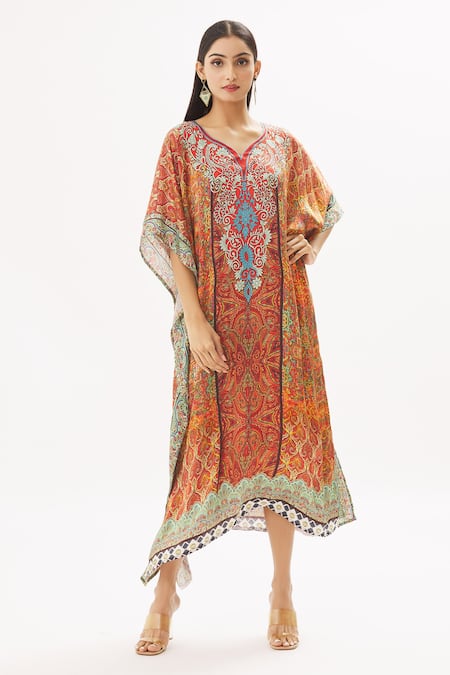 Peenacolada Orange Satin Swarovski, Celtic Print Leaf Neck Embellished Kaftan 