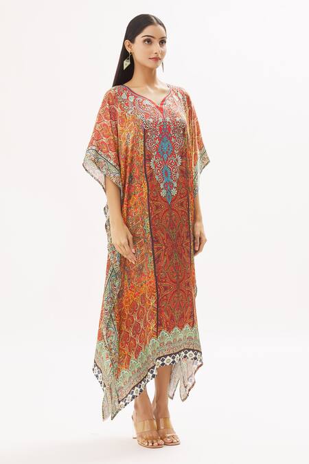 Peenacolada Orange Satin Swarovski, Celtic Print Leaf Neck Embellished Kaftan Online at Aza Fashions Peenacolada_Orange Satin Swarovski, Celtic Print Leaf Neck Embellished Kaftan _Online_at_Aza_Fashions