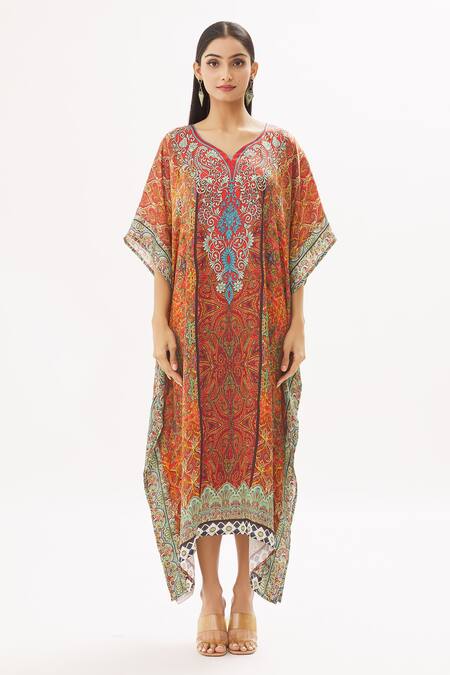 Buy Peenacolada Orange Satin Swarovski, Celtic Print Leaf Neck Embellished Kaftan Online at Aza Fashions Buy_Peenacolada_Orange Satin Swarovski, Celtic Print Leaf Neck Embellished Kaftan _Online_at_Aza_Fashions