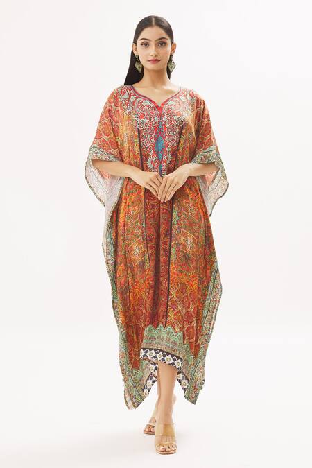 Shop Peenacolada Orange Satin Swarovski, Celtic Print Leaf Neck Embellished Kaftan Online at Aza Fashions Shop_Peenacolada_Orange Satin Swarovski, Celtic Print Leaf Neck Embellished Kaftan _Online_at_Aza_Fashions