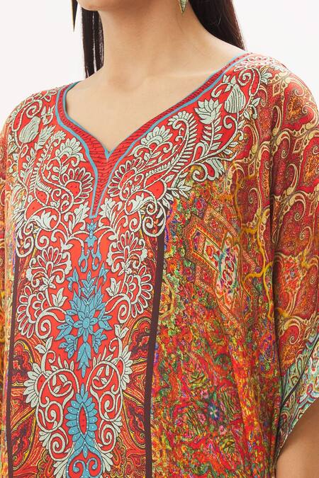 Peenacolada Orange Satin Swarovski, Celtic Print Leaf Neck Embellished Kaftan at Aza Fashions Peenacolada_Orange Satin Swarovski, Celtic Print Leaf Neck Embellished Kaftan _at_Aza_Fashions
