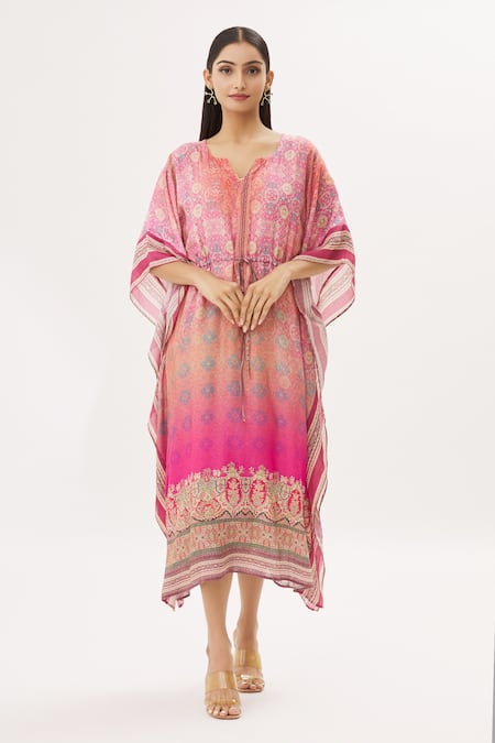 Peenacolada Pink Cotton Silk Floral Round Notched Print Kaftan 