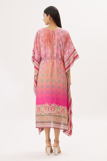 Shop Peenacolada Pink Cotton Silk Floral Round Notched Print Kaftan at Aza Fashions Shop_Peenacolada_Pink Cotton Silk Floral Round Notched Print Kaftan _at_Aza_Fashions