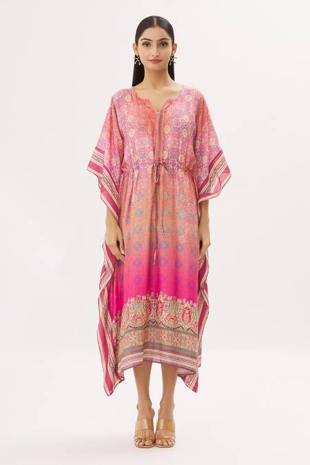 Buy Peenacolada Pink Cotton Silk Floral Round Notched Print Kaftan Online at Aza Fashions Buy_Peenacolada_Pink Cotton Silk Floral Round Notched Print Kaftan _Online_at_Aza_Fashions