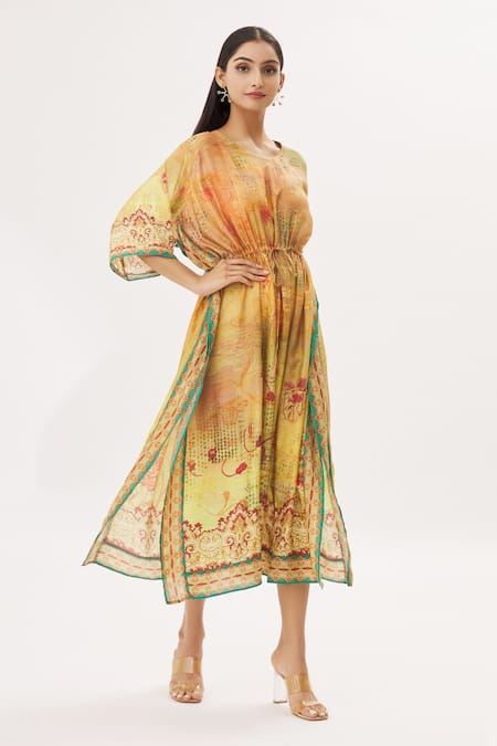 Peenacolada_Yellow Cotton Silk Abstract V Neck Print Kaftan_Online_at_Aza_Fashions