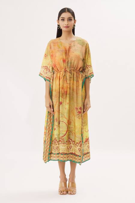 Buy_Peenacolada_Yellow Cotton Silk Abstract V Neck Print Kaftan_Online_at_Aza_Fashions