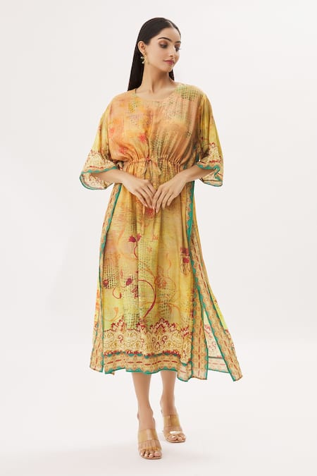 Shop_Peenacolada_Yellow Cotton Silk Abstract V Neck Print Kaftan_Online_at_Aza_Fashions