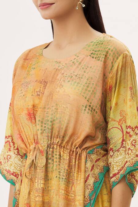 Peenacolada_Yellow Cotton Silk Abstract V Neck Print Kaftan_at_Aza_Fashions
