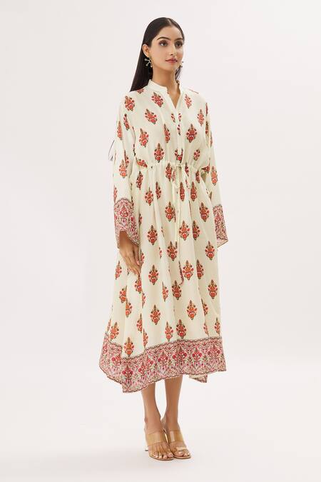 Peenacolada Cream Cotton Silk Floral Mandarin Collar Print Kaftan Online at Aza Fashions Peenacolada_Cream Cotton Silk Floral Mandarin Collar Print Kaftan _Online_at_Aza_Fashions