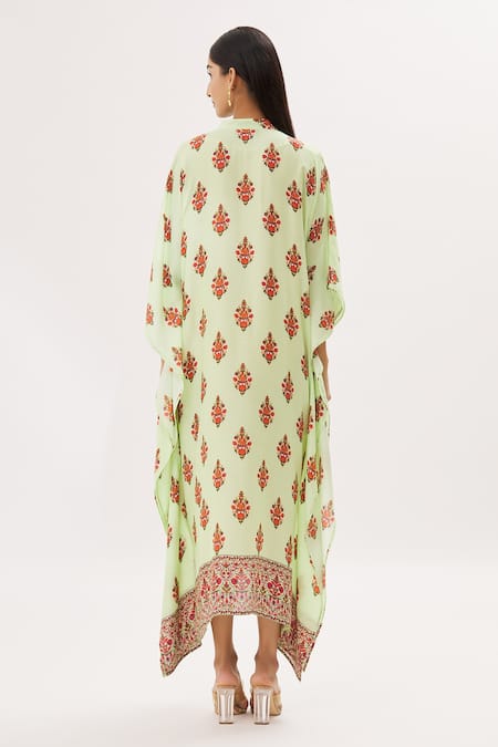 Shop Peenacolada Green Cotton Silk Floral Mandarin Collar Print Kaftan at Aza Fashions Shop_Peenacolada_Green Cotton Silk Floral Mandarin Collar Print Kaftan _at_Aza_Fashions