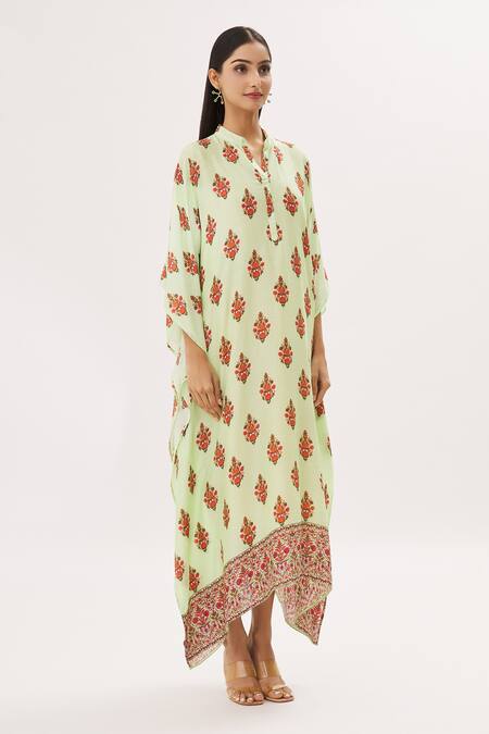 Peenacolada Green Cotton Silk Floral Mandarin Collar Print Kaftan Online at Aza Fashions Peenacolada_Green Cotton Silk Floral Mandarin Collar Print Kaftan _Online_at_Aza_Fashions