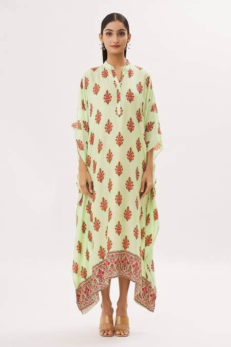 Buy Peenacolada Green Cotton Silk Floral Mandarin Collar Print Kaftan Online at Aza Fashions Buy_Peenacolada_Green Cotton Silk Floral Mandarin Collar Print Kaftan _Online_at_Aza_Fashions