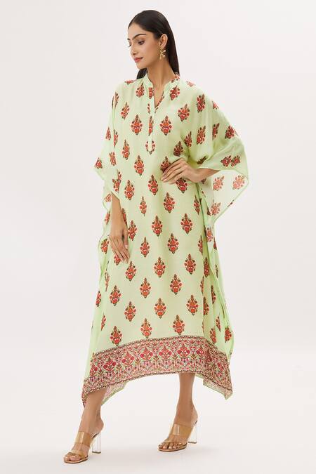 Shop Peenacolada Green Cotton Silk Floral Mandarin Collar Print Kaftan Online at Aza Fashions Shop_Peenacolada_Green Cotton Silk Floral Mandarin Collar Print Kaftan _Online_at_Aza_Fashions