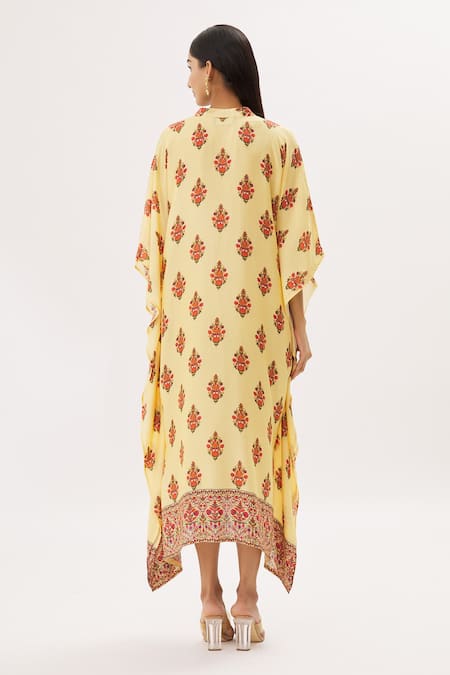 Shop Peenacolada Yellow Cotton Silk Floral Mandarin Collar Print Kaftan at Aza Fashions Shop_Peenacolada_Yellow Cotton Silk Floral Mandarin Collar Print Kaftan _at_Aza_Fashions