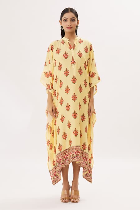 Buy Peenacolada Yellow Cotton Silk Floral Mandarin Collar Print Kaftan Online at Aza Fashions Buy_Peenacolada_Yellow Cotton Silk Floral Mandarin Collar Print Kaftan _Online_at_Aza_Fashions