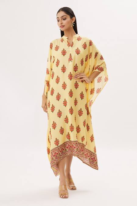 Shop Peenacolada Yellow Cotton Silk Floral Mandarin Collar Print Kaftan Online at Aza Fashions Shop_Peenacolada_Yellow Cotton Silk Floral Mandarin Collar Print Kaftan _Online_at_Aza_Fashions