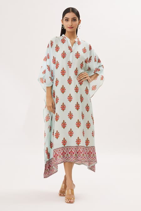 Peenacolada Blue Cotton Silk Floral Mandarin Collar Print Kaftan 