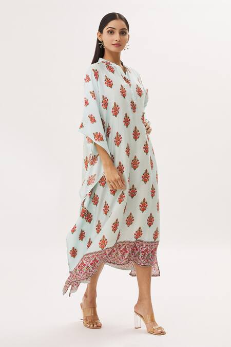 Peenacolada Blue Cotton Silk Floral Mandarin Collar Print Kaftan Online at Aza Fashions Peenacolada_Blue Cotton Silk Floral Mandarin Collar Print Kaftan _Online_at_Aza_Fashions
