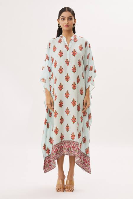 Buy Peenacolada Blue Cotton Silk Floral Mandarin Collar Print Kaftan Online at Aza Fashions Buy_Peenacolada_Blue Cotton Silk Floral Mandarin Collar Print Kaftan _Online_at_Aza_Fashions