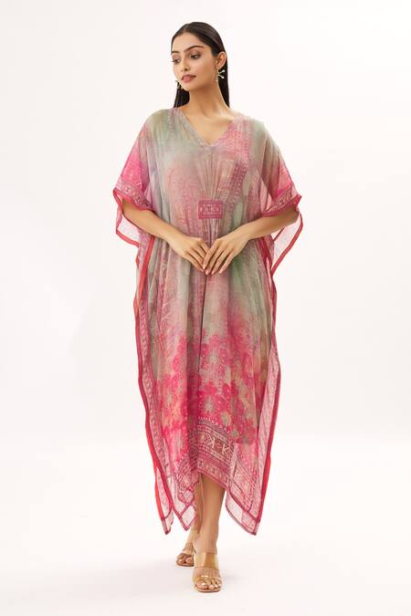 Peenacolada Grey Georgette Floral, Paisley V Neck And Print Kaftan Online at Aza Fashions Peenacolada_Grey Georgette Floral, Paisley V Neck And Print Kaftan _Online_at_Aza_Fashions