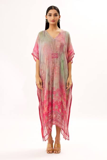 Buy Peenacolada Grey Georgette Floral, Paisley V Neck And Print Kaftan Online at Aza Fashions Buy_Peenacolada_Grey Georgette Floral, Paisley V Neck And Print Kaftan _Online_at_Aza_Fashions