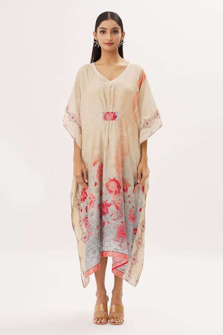 Buy Peenacolada Pink Georgette Floral, Paisley V Neck And Print Kaftan Online at Aza Fashions Buy_Peenacolada_Pink Georgette Floral, Paisley V Neck And Print Kaftan _Online_at_Aza_Fashions