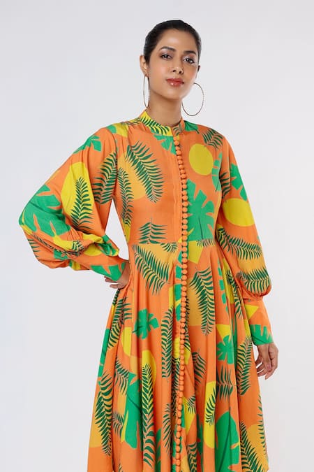 Leela By A_Orange Tencel Modal Tropical Print Band Collar Flounce Dress_Online_at_Aza_Fashions