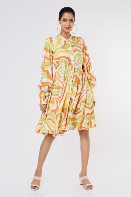 Leela By A White Tencel Modal Flow Print Band Collar Flounce Dress