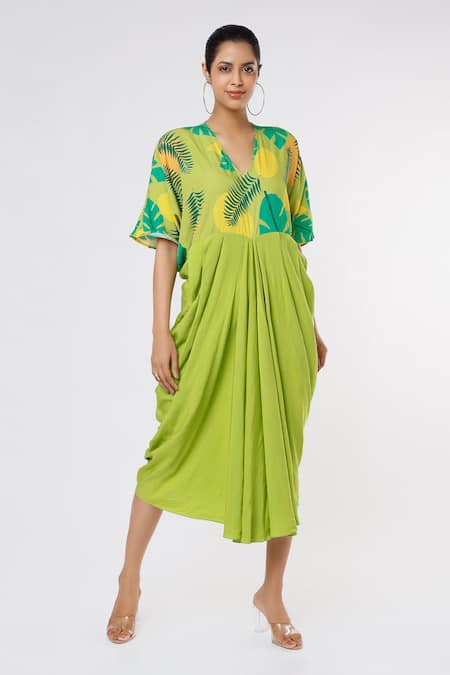 Leela By A Printed Yoke Cowl Draped Dress 