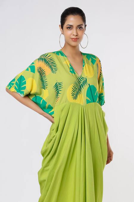 Leela By A_Green Tencel Modal Twill Tropical Print V Neck Yoke Cowl Draped Dress _Online_at_Aza_Fashions