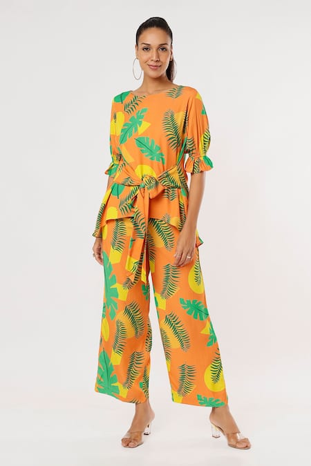 Leela By A_Orange Tencel Modal Twill Tropical Print Round Top And Pant Set _Online_at_Aza_Fashions