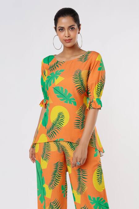 Buy_Leela By A_Orange Tencel Modal Twill Tropical Print Round Top And Pant Set _Online_at_Aza_Fashions