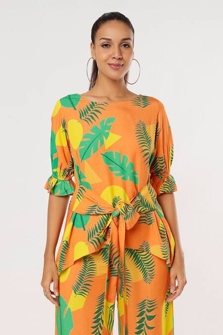 Shop_Leela By A_Orange Tencel Modal Twill Tropical Print Round Top And Pant Set _Online_at_Aza_Fashions
