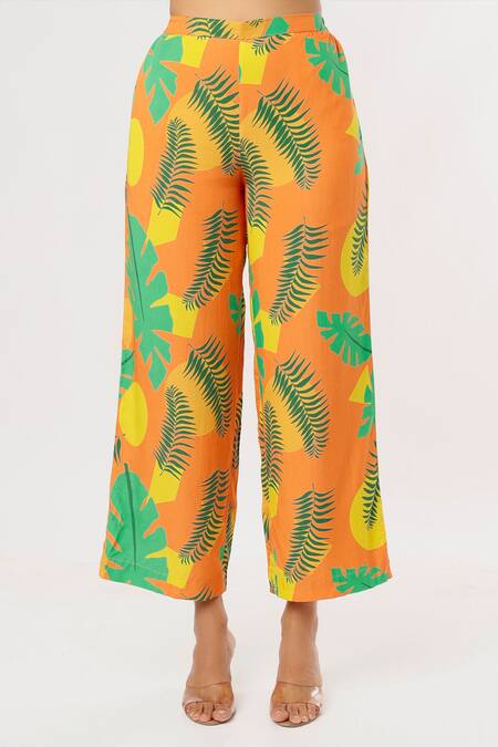 Leela By A_Orange Tencel Modal Twill Tropical Print Round Top And Pant Set _at_Aza_Fashions