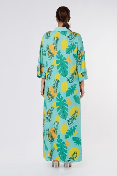 Shop Leela By A Blue Tropical Print V Collar Neck Kimono Jacket And Pant Set at Aza Fashions Shop_Leela By A_Blue Tropical Print V Collar Neck Kimono Jacket And Pant Set_at_Aza_Fashions