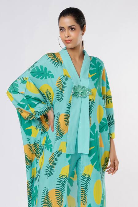 Leela By A Blue Tropical Print V Collar Neck Kimono Jacket And Pant Set Online at Aza Fashions Leela By A_Blue Tropical Print V Collar Neck Kimono Jacket And Pant Set_Online_at_Aza_Fashions