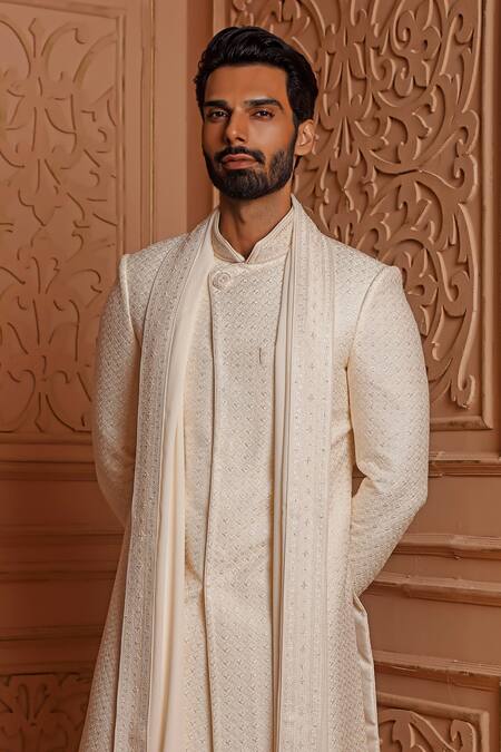 Vanshik Ivory Churidar Crepe , Dupatta Georgette, Sherwani Embroidered Set Online at Aza Fashions Vanshik_Ivory Churidar Crepe , Dupatta Georgette, Sherwani Embroidered Set _Online_at_Aza_Fashions