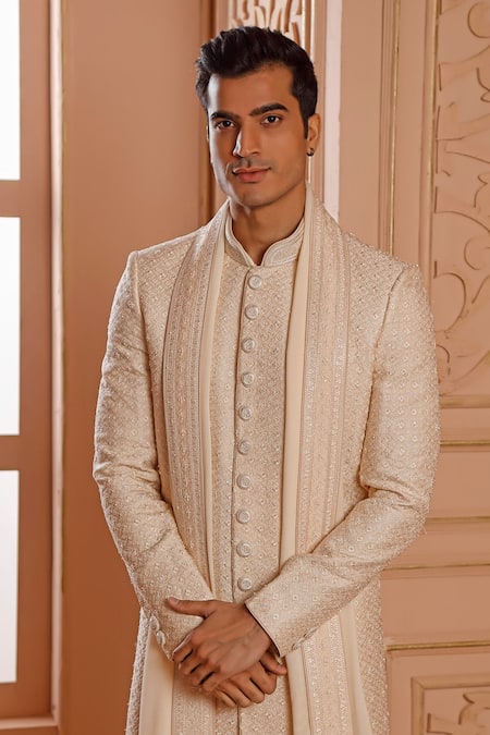 Vanshik_Cream Churidar Crepe Silk, Dupatta Georgette, Sherwani Raw Embroidered Set _Online_at_Aza_Fashions