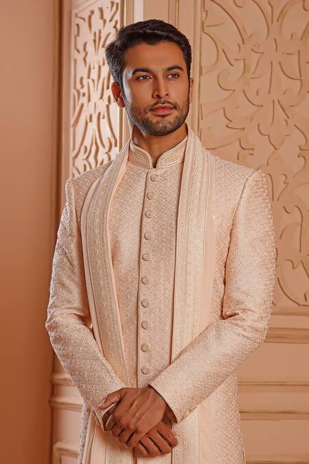 Vanshik_Peach Churidar Crepe Silk, Dupatta Georgette, Sherwani Raw Embroidered Set _Online_at_Aza_Fashions