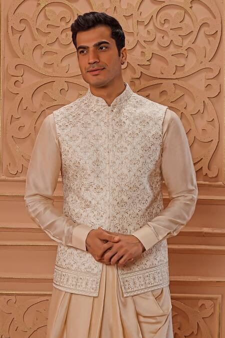 Vanshik_Cream Bundi Raw , Kurta And Churidar Crepe Embroidered & Draped Set _Online_at_Aza_Fashions