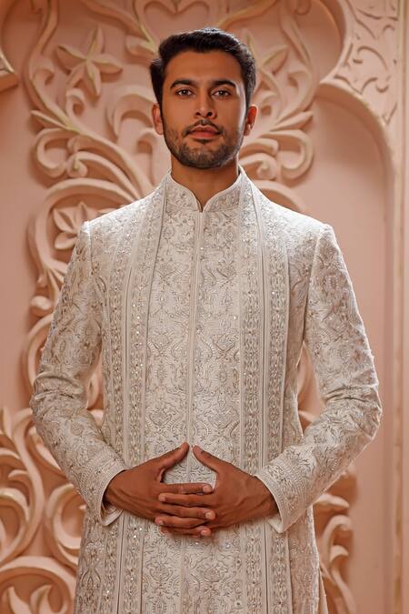 Buy_Vanshik_Cream Dupatta Georgette, Kurta And Churidar Crepe Silk, Floral Embroidered Set _Online_at_Aza_Fashions