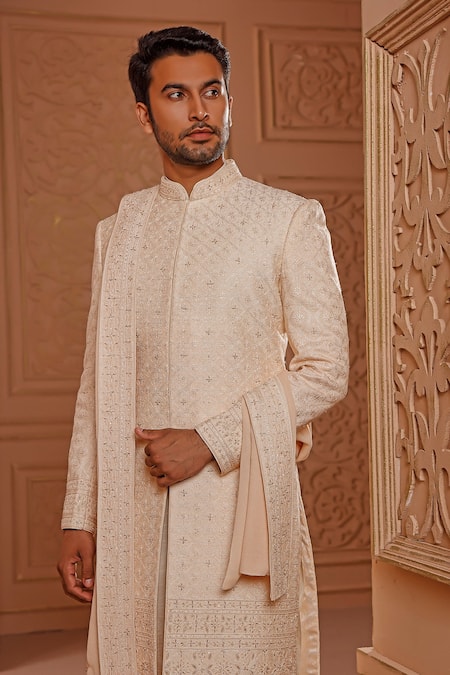 Vanshik_Cream Churidar Crepe , Dupatta Georgette, Sherwani Embroidered Set _Online_at_Aza_Fashions