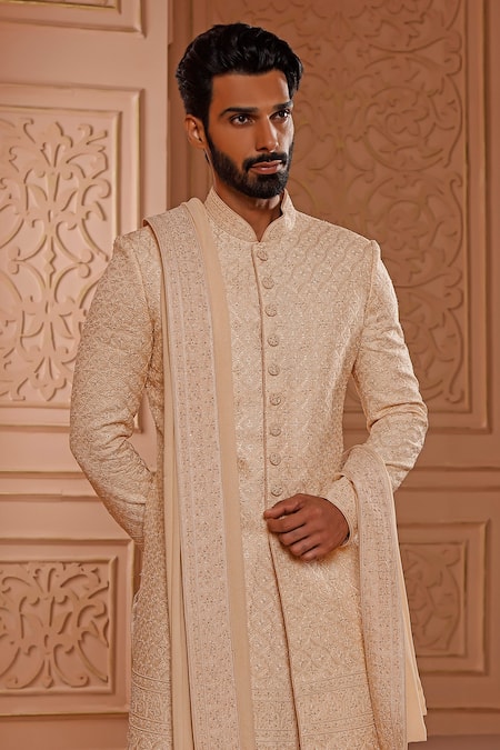 Vanshik_Cream Churidar Crepe , Dupatta Georgette, Sherwani Embroidered Set _Online_at_Aza_Fashions