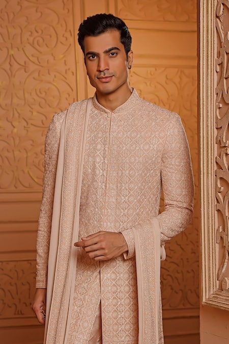 Vanshik Pink Churidar Crepe Silk, Sherwani And Dupatta Georgette Floral Embroidered Set Online at Aza Fashions Vanshik_Pink Churidar Crepe Silk, Sherwani And Dupatta Georgette Floral Embroidered Set _Online_at_Aza_Fashions