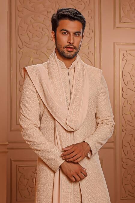 Vanshik_Pink Churidar Crepe Silk, Sherwani And Dupatta Georgette Floral Embroidered Set _Online_at_Aza_Fashions