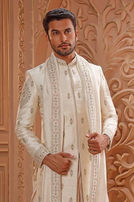 Vanshik_Cream Churidar Crepe , Dupatta Georgette, Sherwani Raw Work Set _Online_at_Aza_Fashions