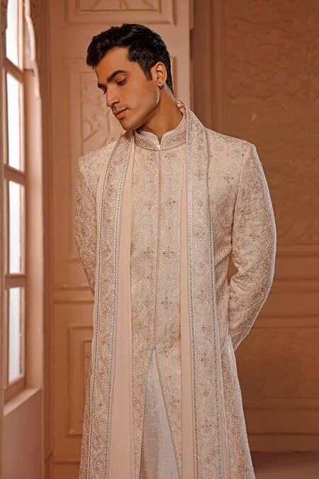 Vanshik_Pink Churidar And Dupatta Crepe Silk, Sherwani Chanderi Floral Embroidered Set _Online_at_Aza_Fashions