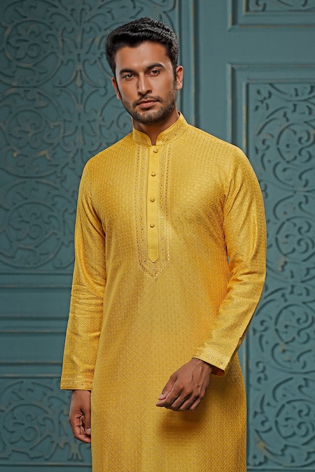 Vanshik_Yellow Churidar Crepe , Kurta Floral Embroidered Set _Online_at_Aza_Fashions