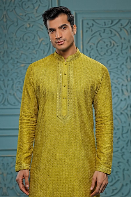 Vanshik_Green Churidar Crepe , Kurta Floral Embroidered Set_Online_at_Aza_Fashions