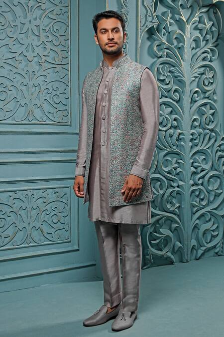 Vanshik Blue Bundi Pashmina Woven Floral And Kurta Set 